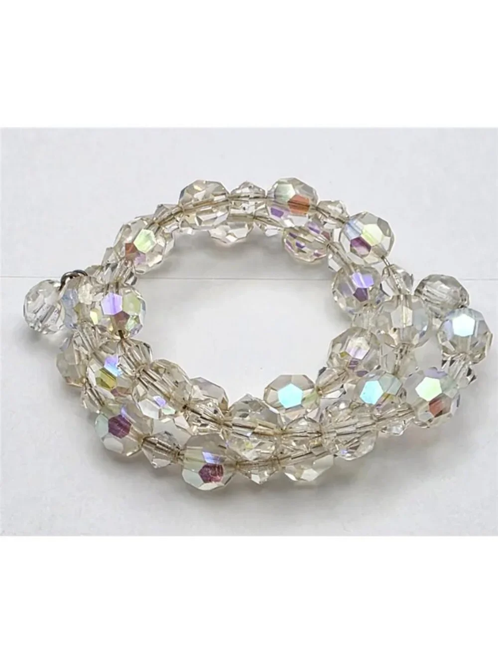 Clear AB Crystal Beaded Coil Wrap Bracelet 8mm Memory Wire 15.5in